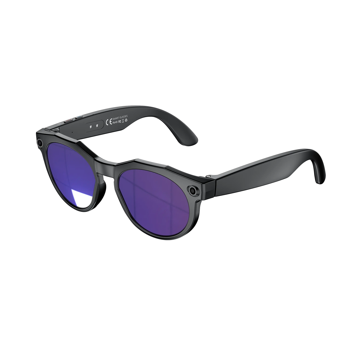 Black OmniliuxBody smart glasses shown from a three-quarter angle