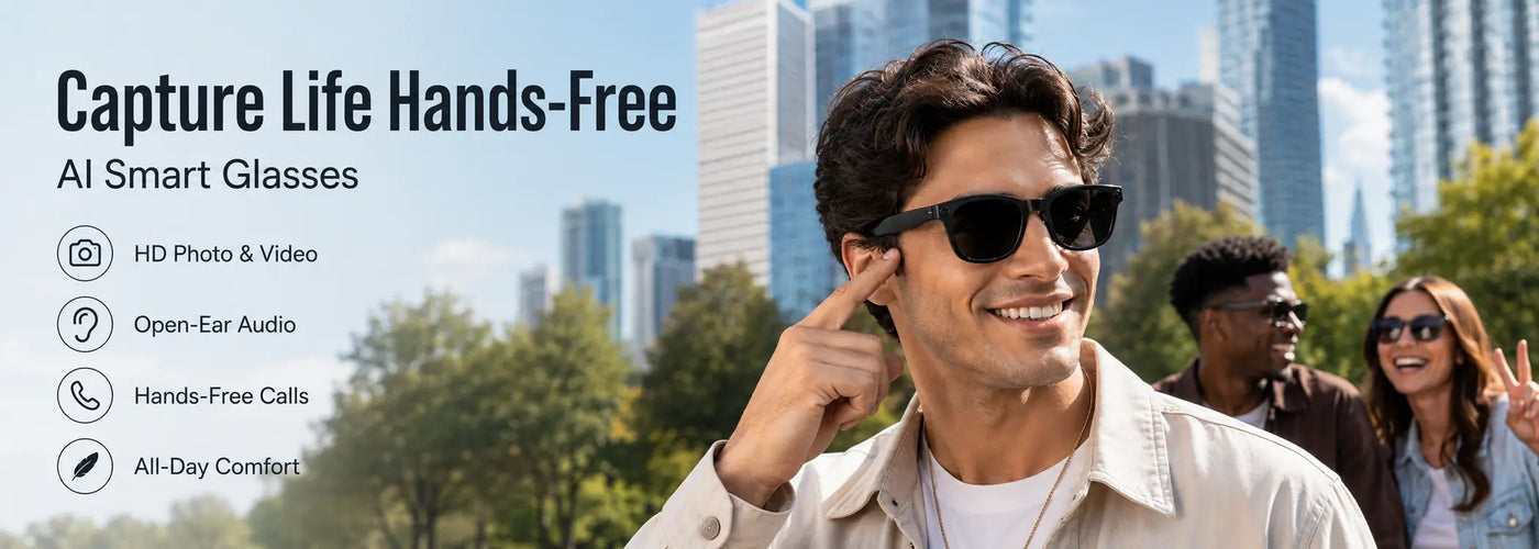 Person using smart glasses outdoors for hands-free everyday activities